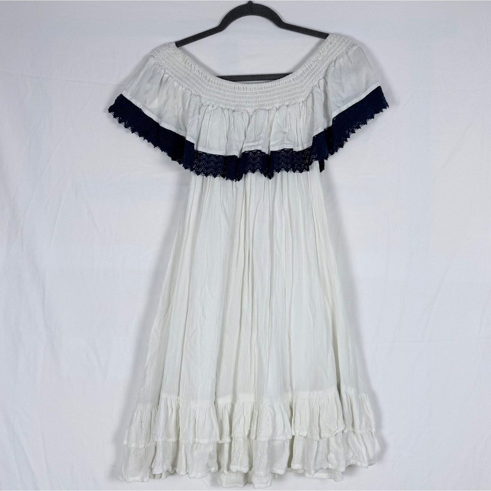 Vintage White Off Shoulder Dress L Smocked Ruffle Lace Gypsy Hippie 70s Festival - Picture 6 of 10